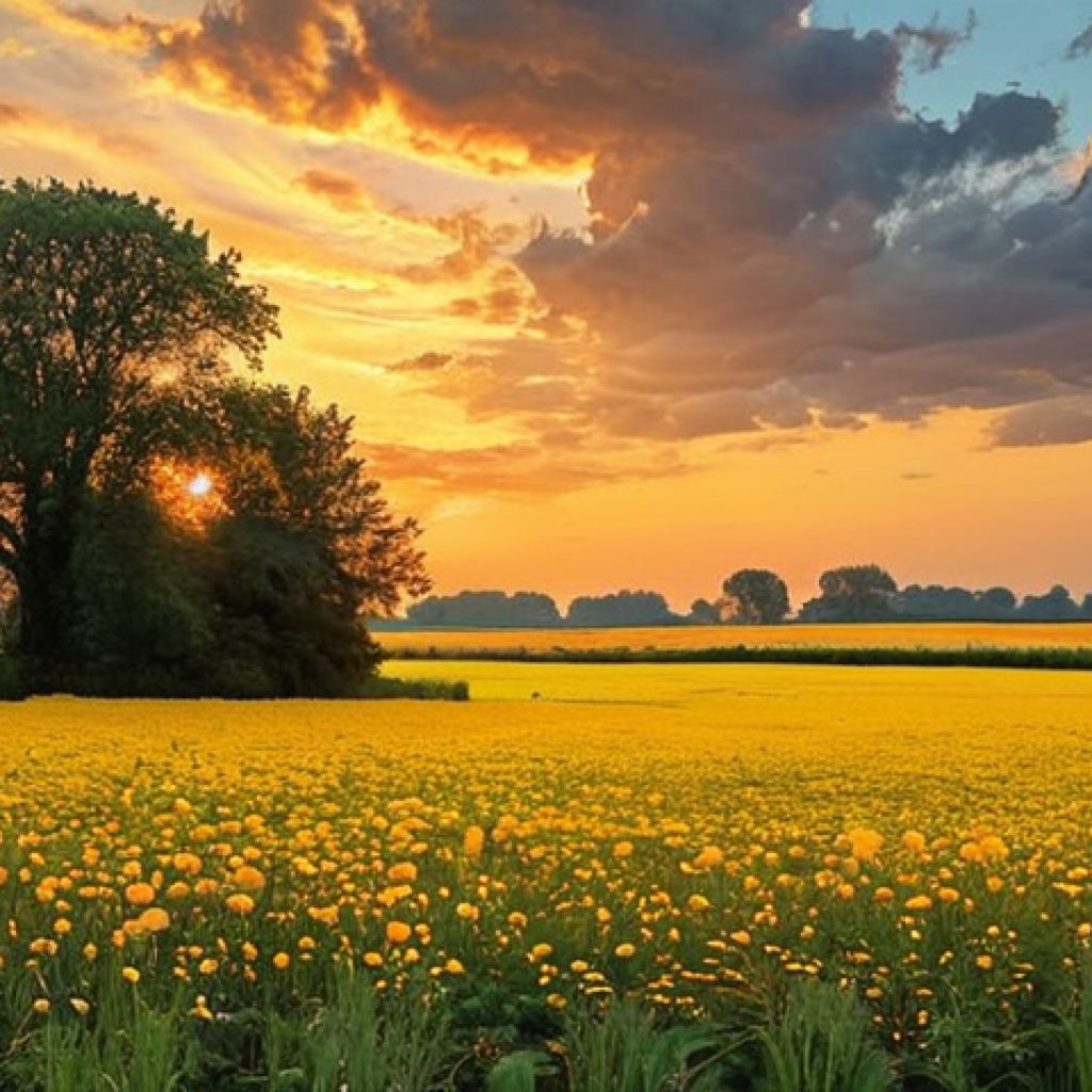 **

A vibrant landscape painting in the style of Monet, but with a modern twist. Imagine a Dutch polder scene bathed in golden light, rendered with loose, impressionistic brushstrokes. Incorporate abstract elements – perhaps geometric shapes subtly integrated into the clouds or fields. The overall mood should be serene and evocative, capturing the fleeting beauty of a Dutch summer evening. Use a color palette of warm yellows, oranges, and soft blues.

**